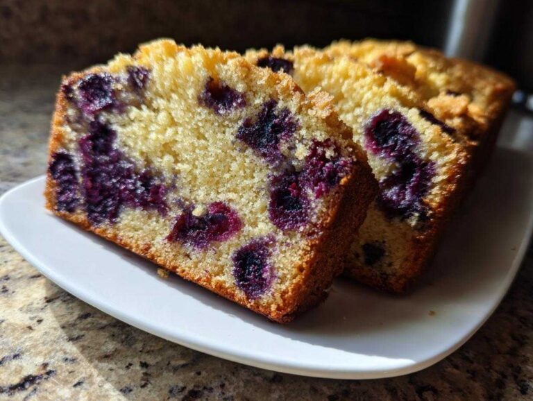 Two thick slices of moist blueberry banana bread showing rich purple blueberries embedded in the golden crumb.