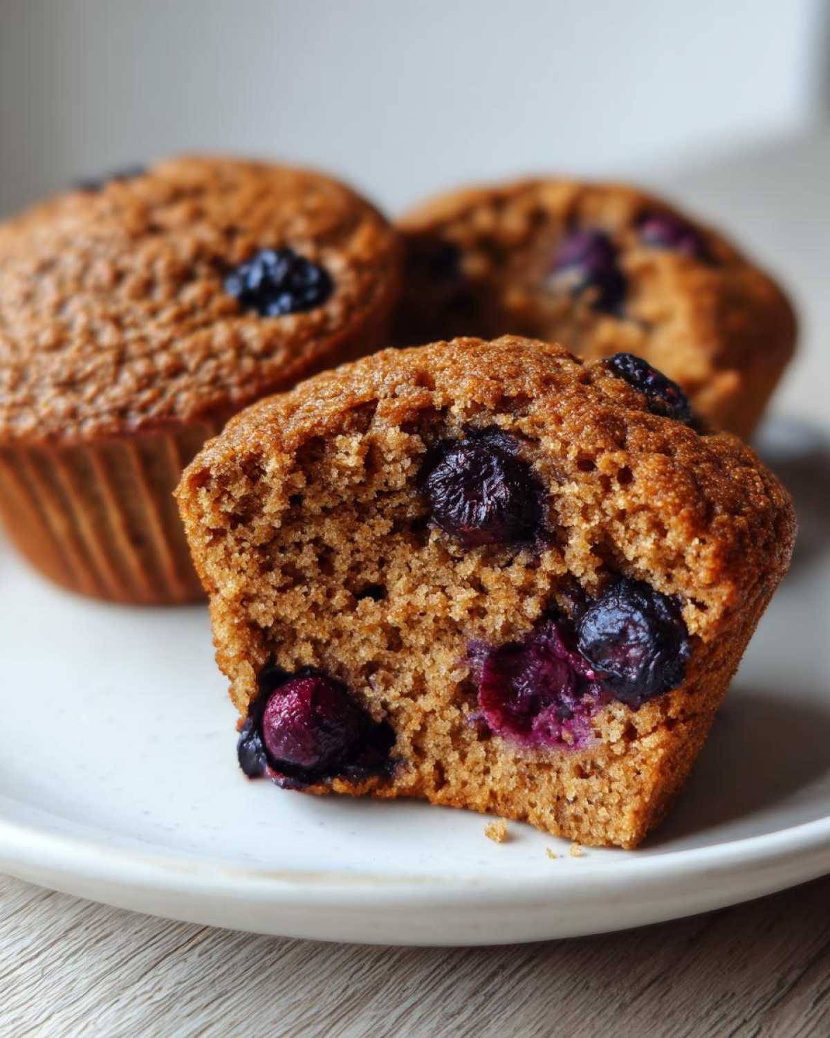 A close-up view of a blueberry protein muffin cut in half, showing the moist texture and berries inside.