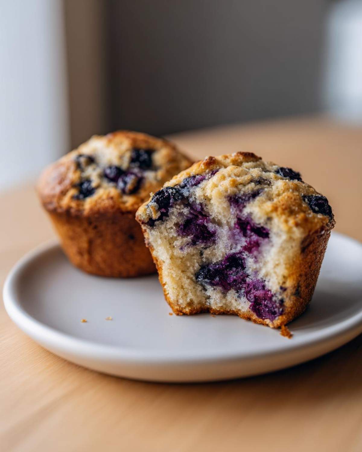 Close-up of a blueberry protein muffin cut in half showing a moist interior packed with blueberries.