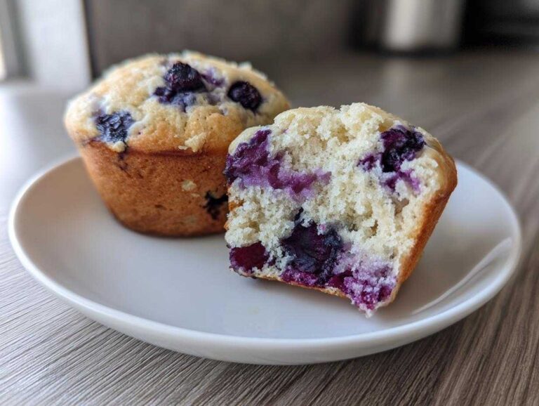 Close-up of a blueberry protein muffin cut in half showing the moist crumb and fruit.