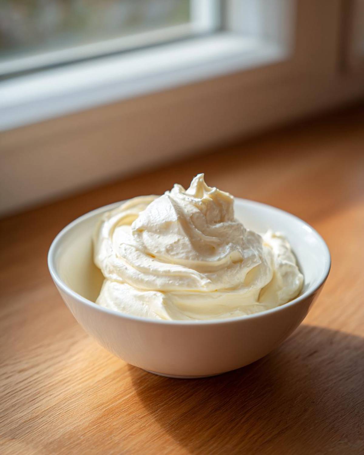 A white bowl filled with thick, creamy homemade mayonnaise, sitting on a wooden surface near a window.