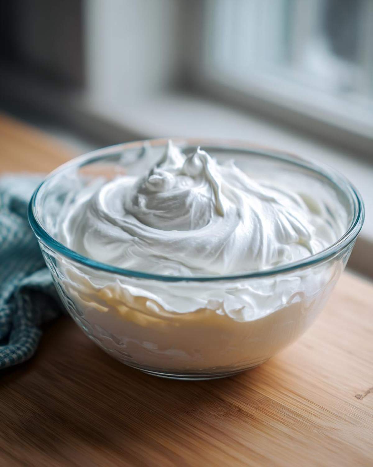A clear glass bowl filled with thick, perfectly peaked white royal icing recipe mixture, set on a wooden surface.