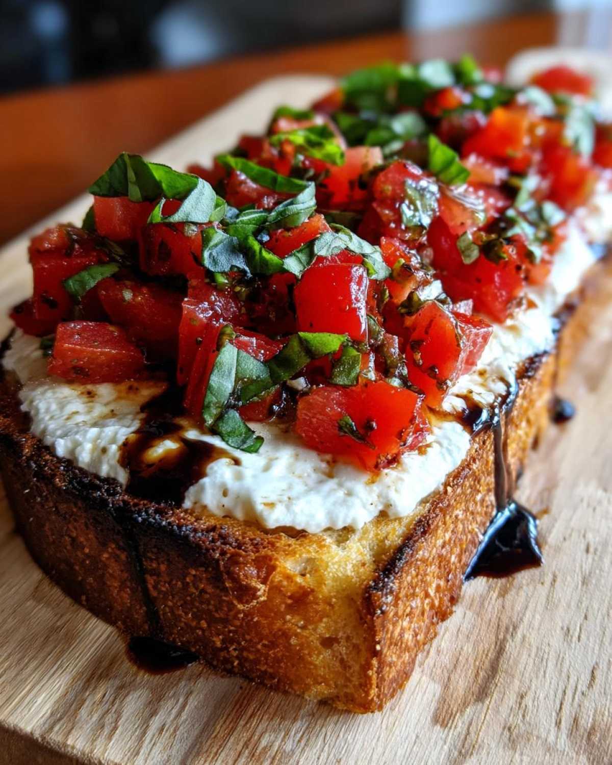 Close-up of toasted bread topped with cheese, tomato, basil, and balsamic glaze, resembling a bruschetta dip serving.