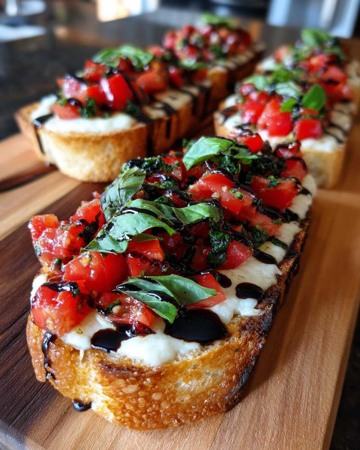 Close-up of toasted bread topped with melted cheese, tomato mixture, and balsamic glaze, resembling bruschetta dip.
