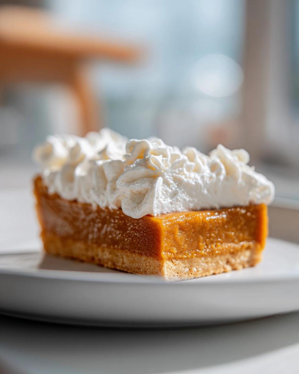 Close-up of a rich, square slice of butterscotch pie topped with fluffy whipped cream on a white plate.