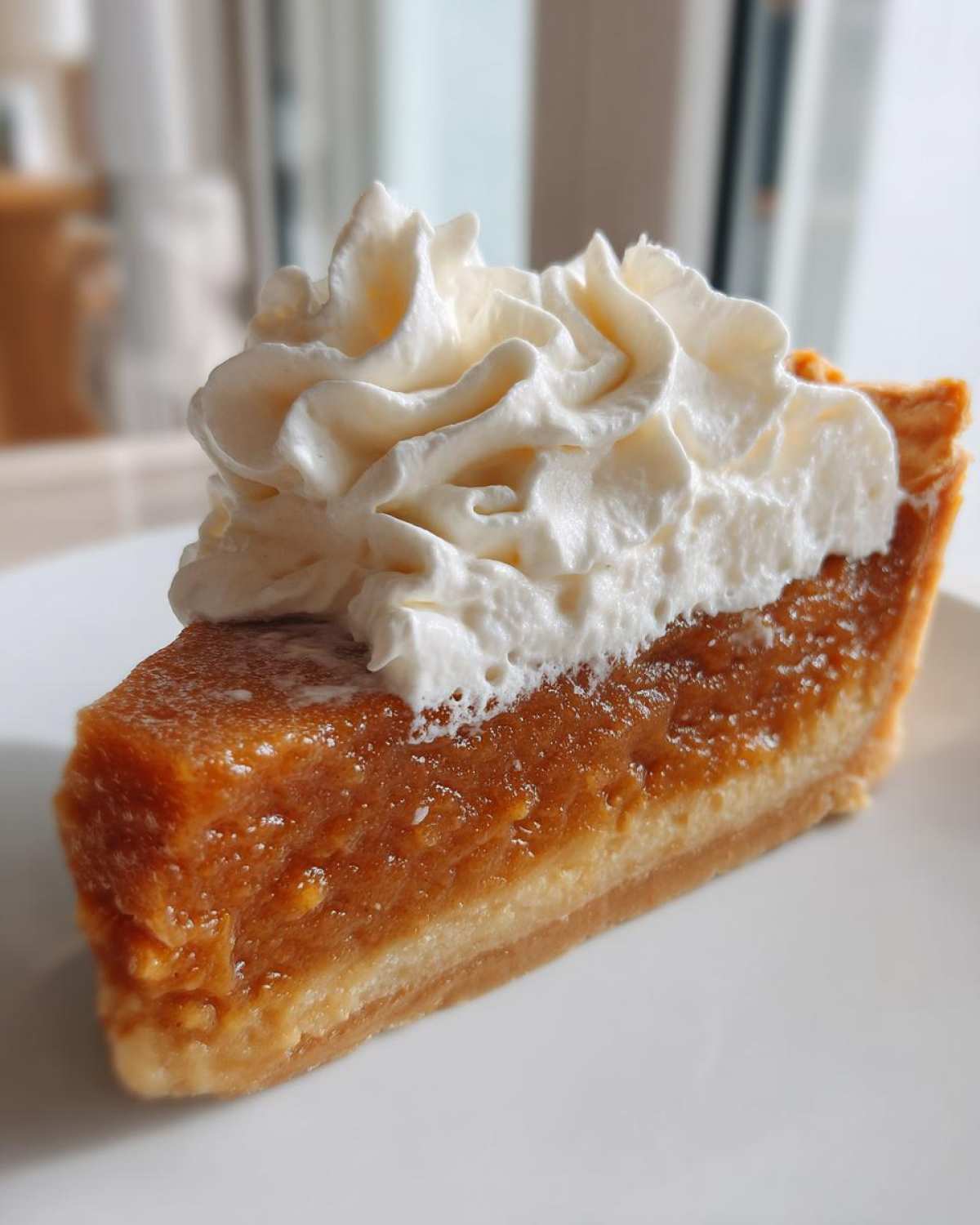 Close-up of a perfect slice of butterscotch pie topped with a generous swirl of whipped cream on a white plate.