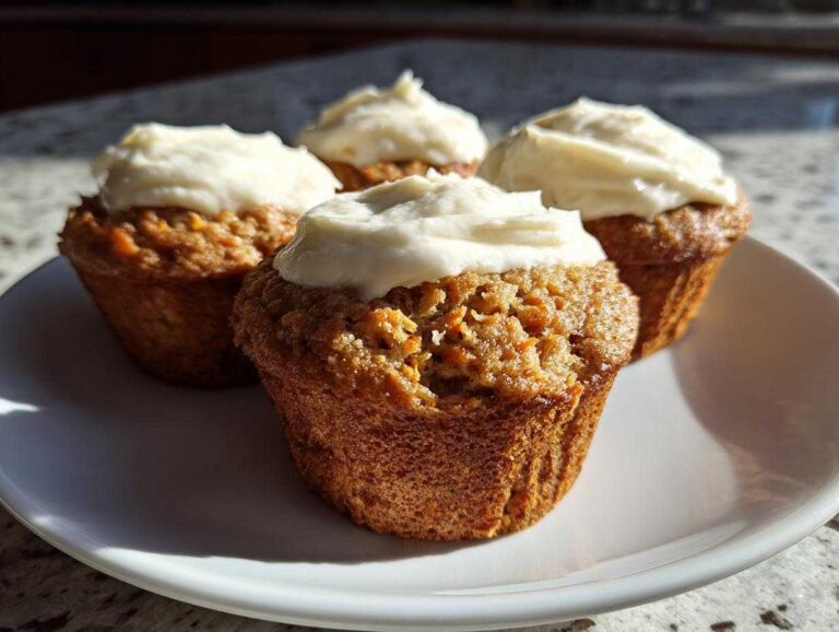 Four freshly baked carrot cake muffins topped with thick cream cheese frosting, sitting on a white plate.