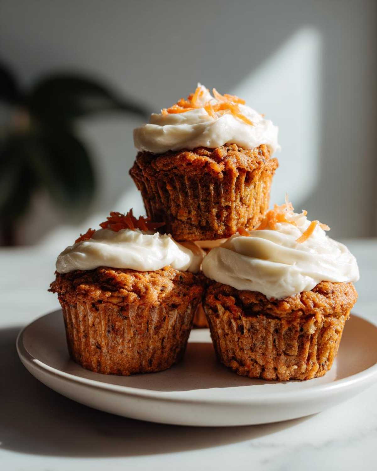 Three moist carrot cake muffins stacked on a plate, topped with cream cheese frosting and shredded carrots.