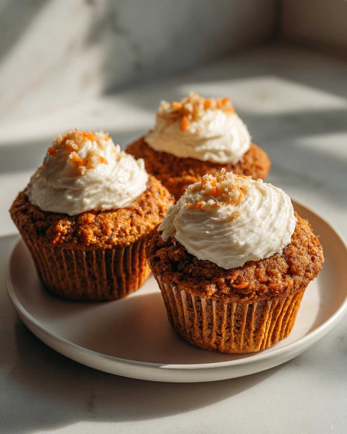 Three moist carrot cake muffins topped with thick cream cheese frosting and shredded carrot garnish.