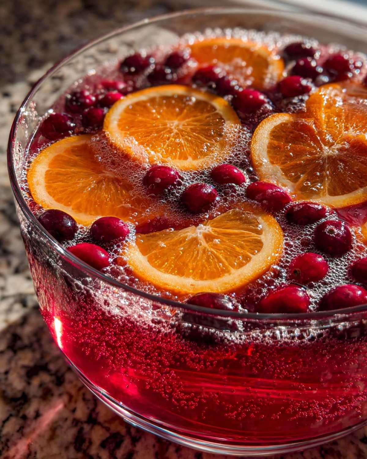 Close-up of vibrant red champagne punch topped with floating orange slices and fresh cranberries.