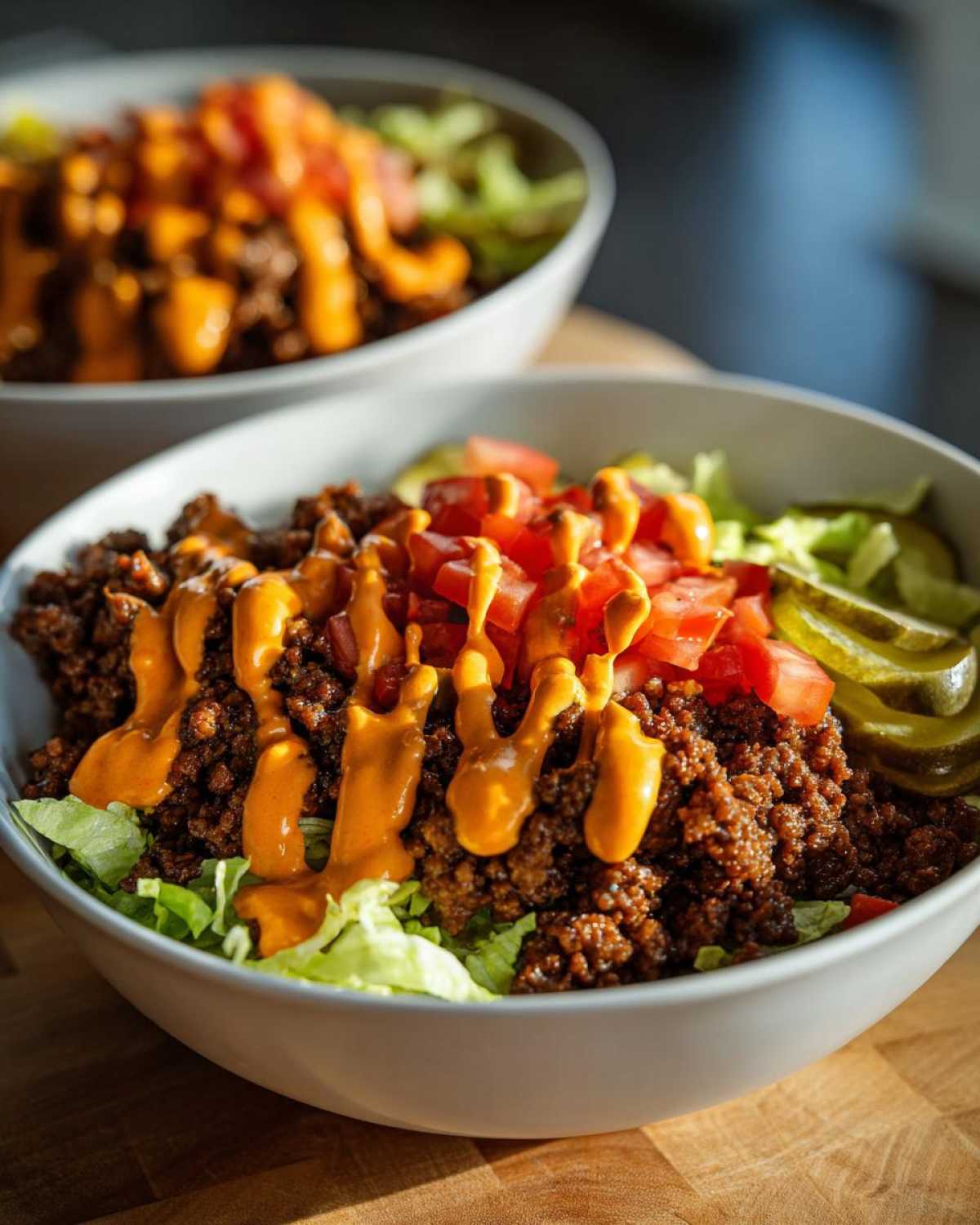 Close-up of a satisfying cheeseburger bowl featuring seasoned ground beef, lettuce, tomatoes, pickles, and a drizzle of orange sauce.
