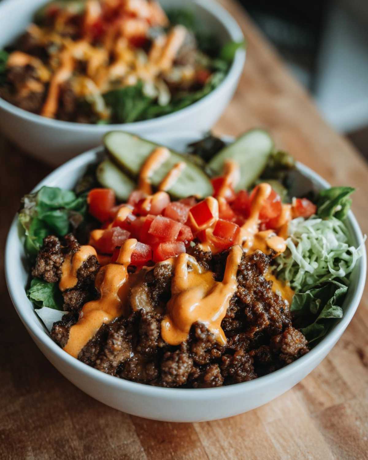 Close-up of a white bowl filled with a cheeseburger bowl featuring seasoned ground beef, lettuce, tomatoes, pickles, and a drizzle of orange sauce.