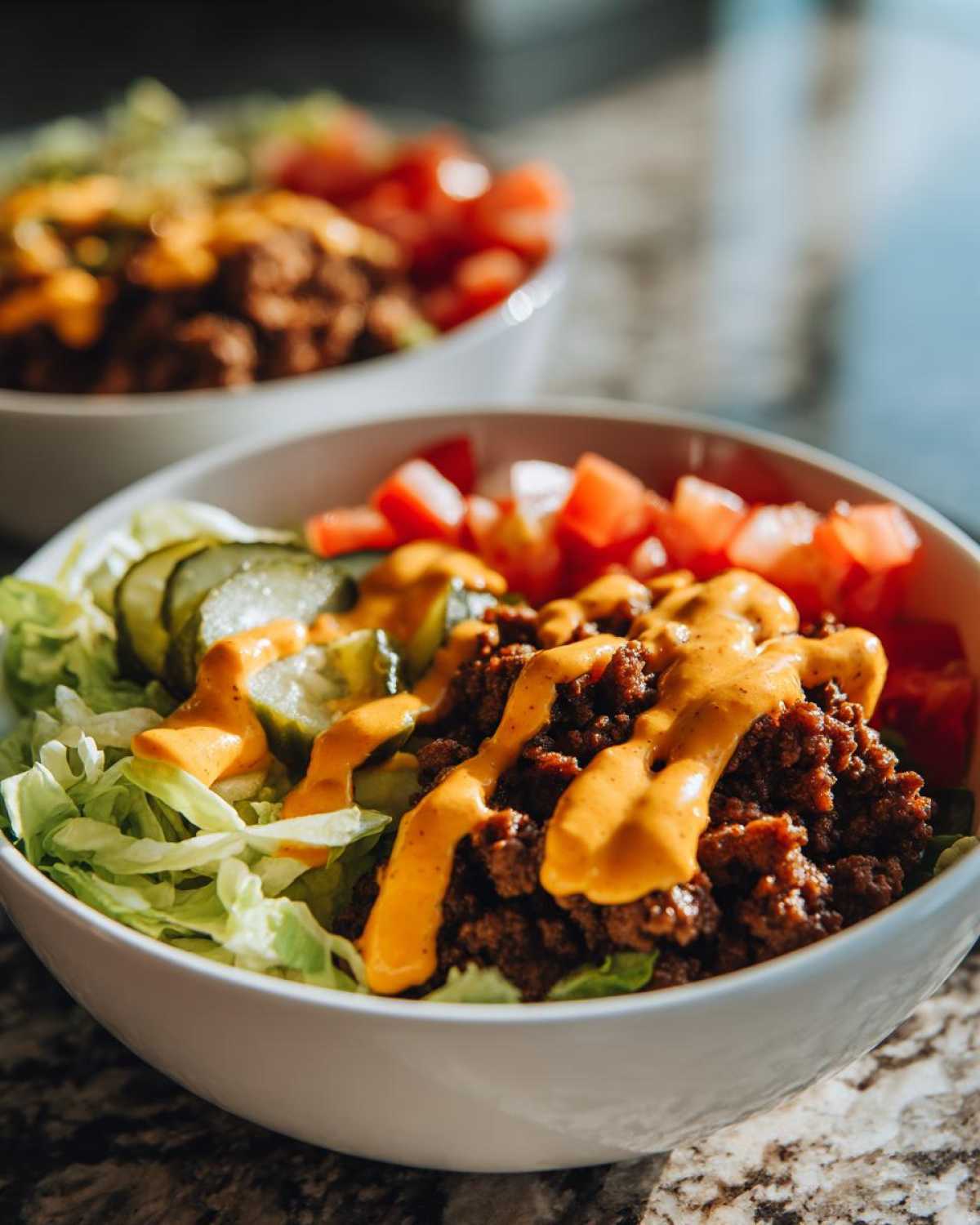 Close-up of a fresh cheeseburger bowl featuring seasoned ground beef, shredded lettuce, pickles, tomatoes, and a drizzle of special sauce.