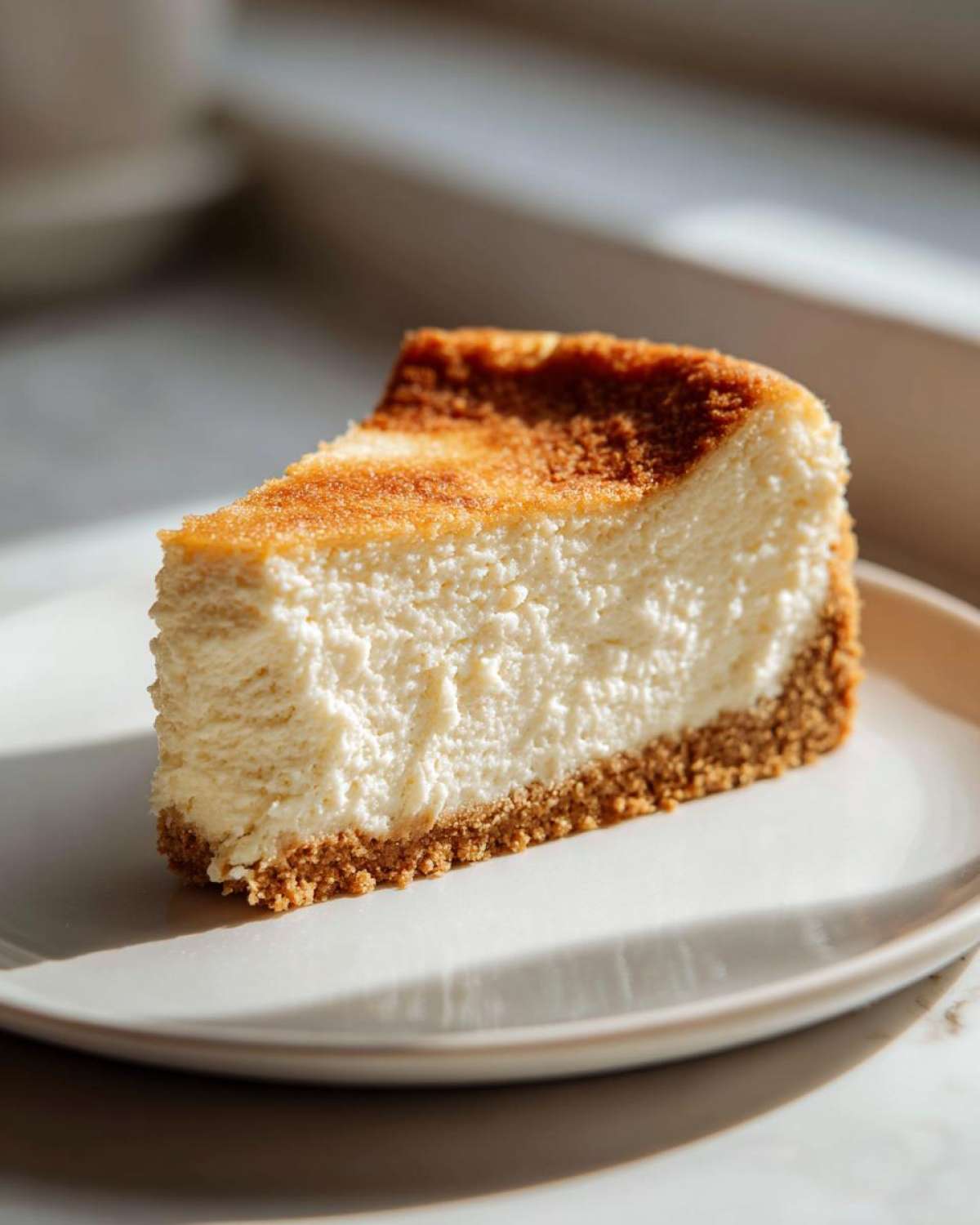 A thick, creamy slice of baked cheesecake with a graham cracker crust, ready to eat.