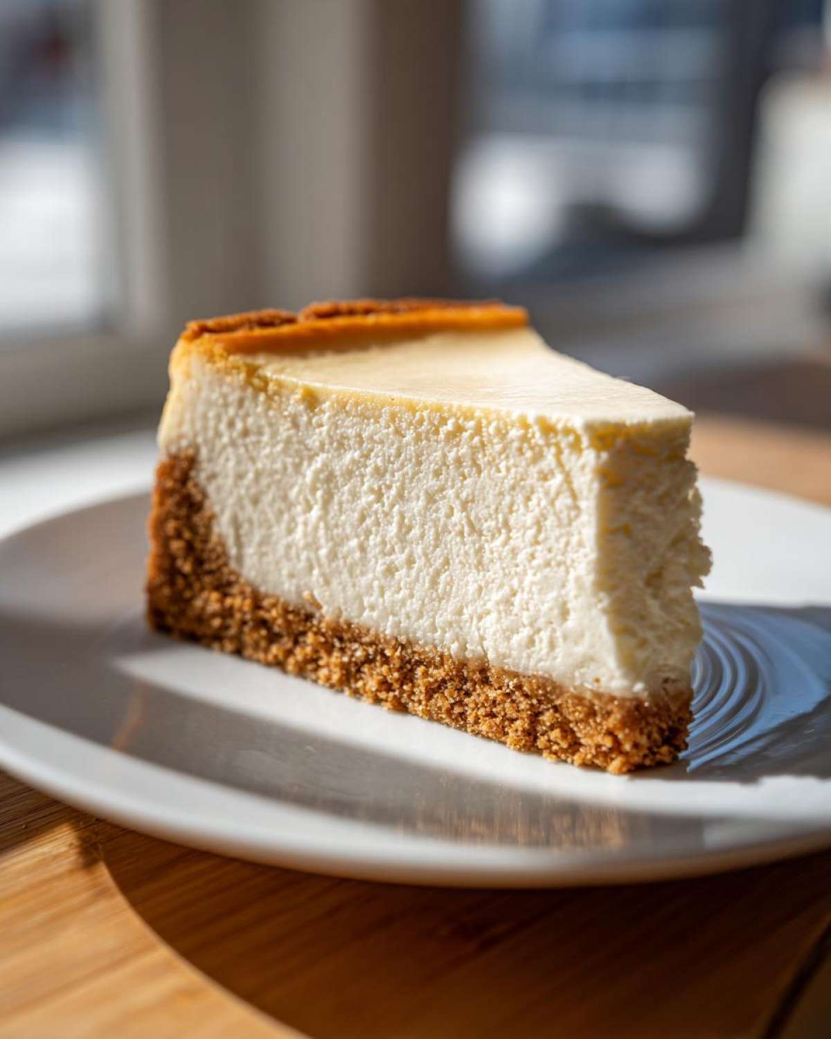 A perfect slice of classic cheesecake recipe on a white plate, showing a thick graham cracker crust.