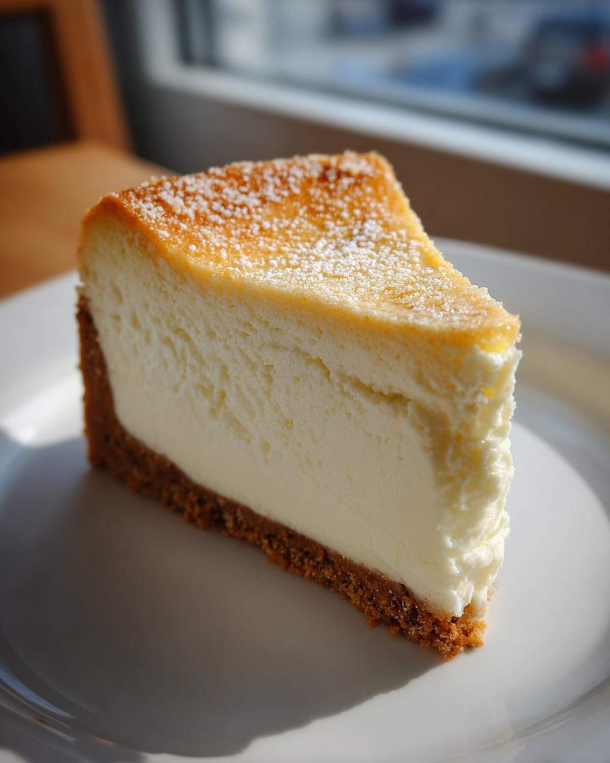 A perfect slice of creamy cheesecake recipe on a white plate, dusted with powdered sugar.