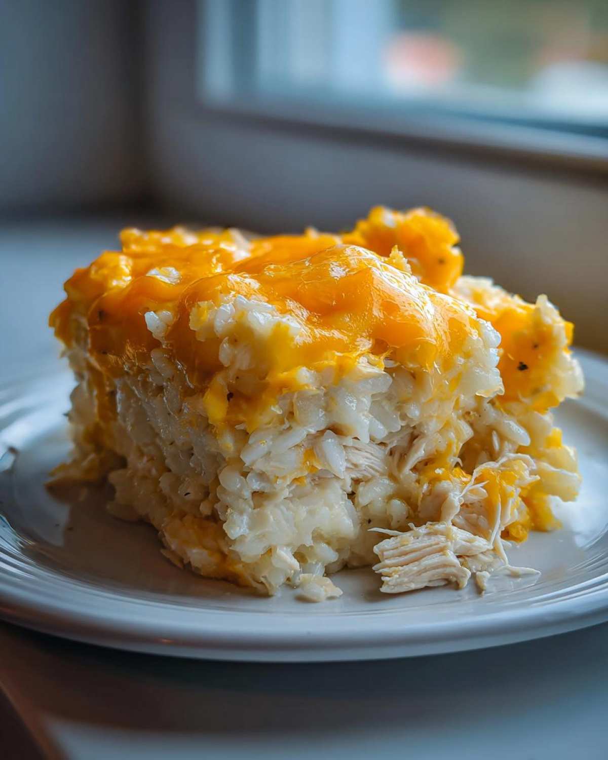 A close-up of a generous serving of cheesy chicken and rice casserole topped with melted cheddar cheese.