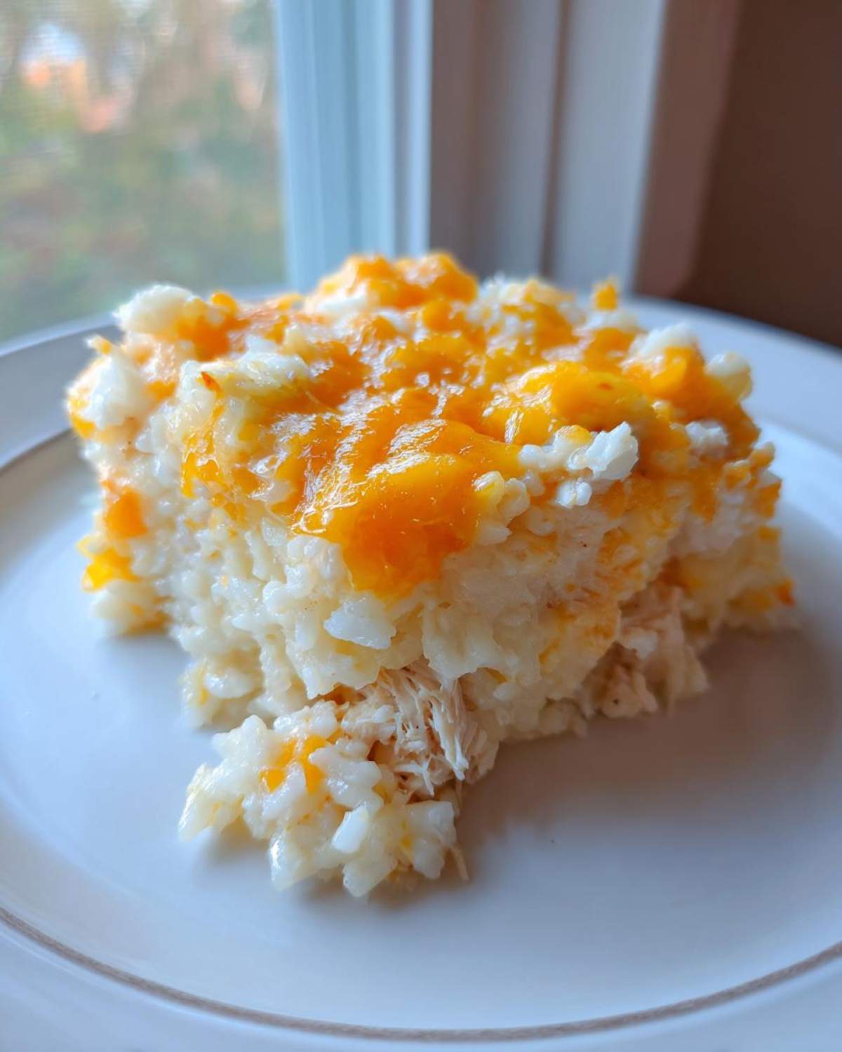 A close-up serving of cheesy chicken and rice casserole topped with melted cheddar cheese on a white plate.