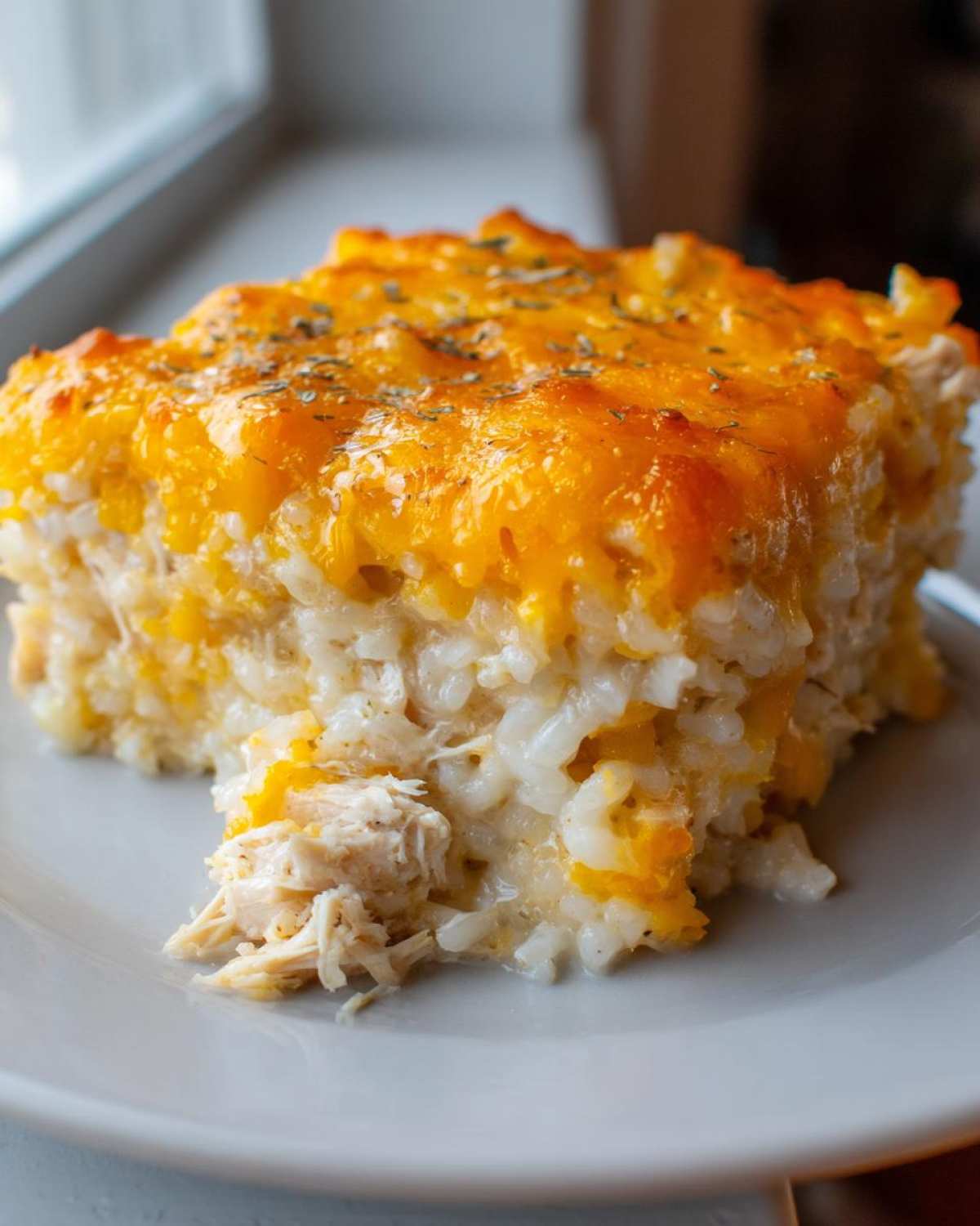 A close-up serving of cheesy chicken and rice casserole with melted cheddar topping.