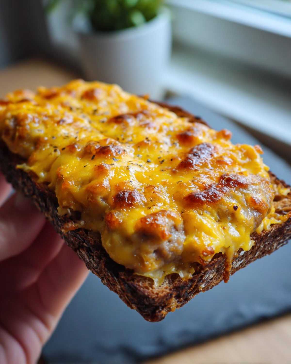 A close-up of a piece of toast topped with the cheesy, savory hanky panky recipe mixture, baked until golden brown.