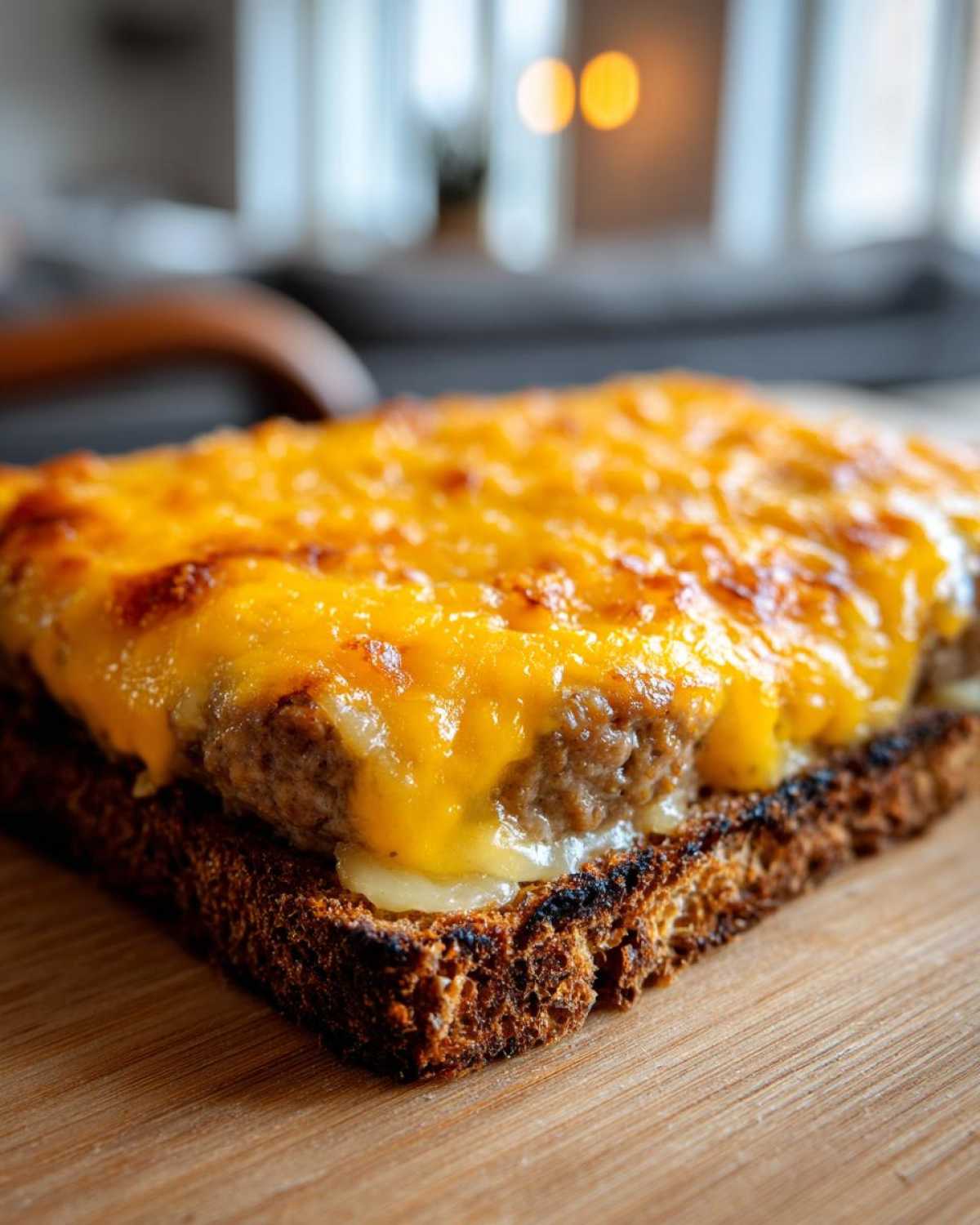 Close-up of a slice of hanky panky recipe meat mixture topped with melted, bubbly cheddar cheese on dark toast.