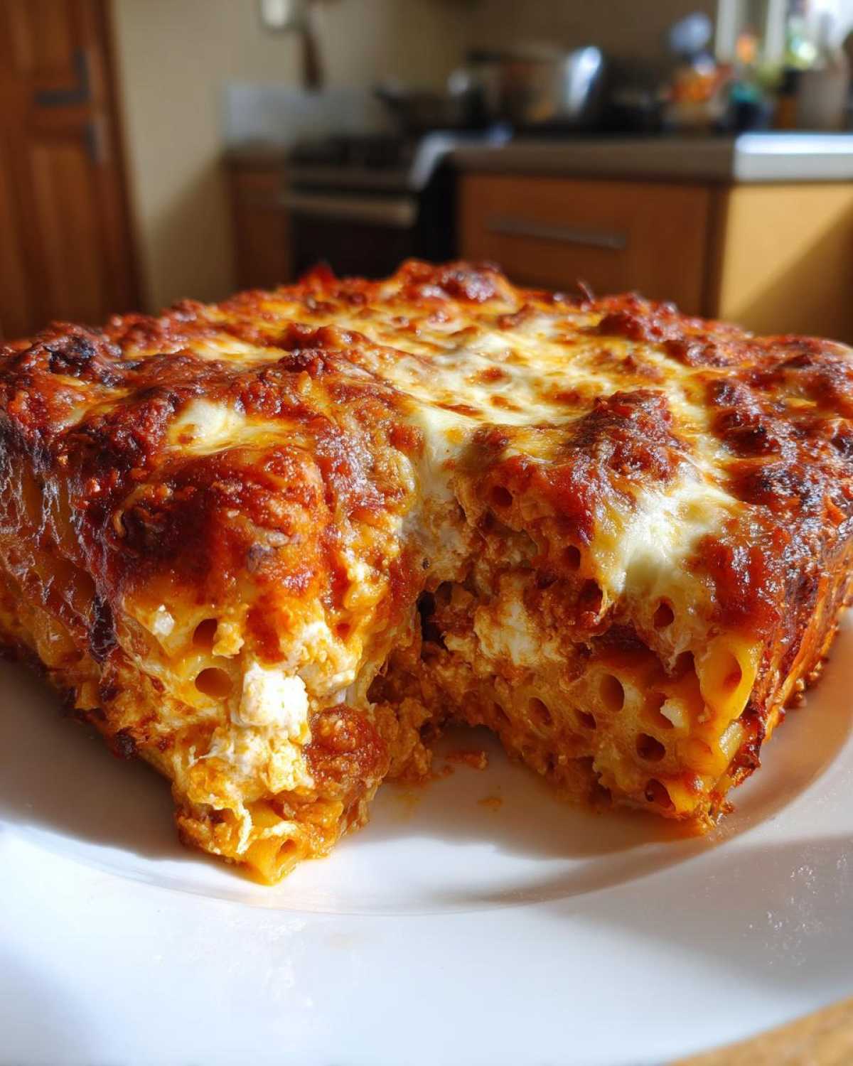 A square portion of cheesy pasta bake with a rich tomato sauce and melted, browned cheese topping.