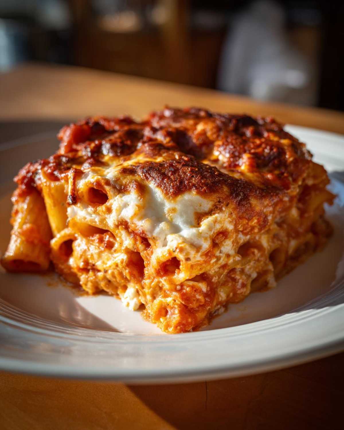 A close-up of a square serving of cheesy pasta bake with a deeply browned, bubbly top layer.