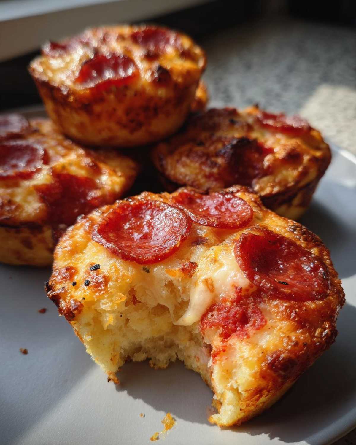 A close-up of freshly baked pepperoni pizza muffins, one with a bite taken out showing melted cheese stretch.