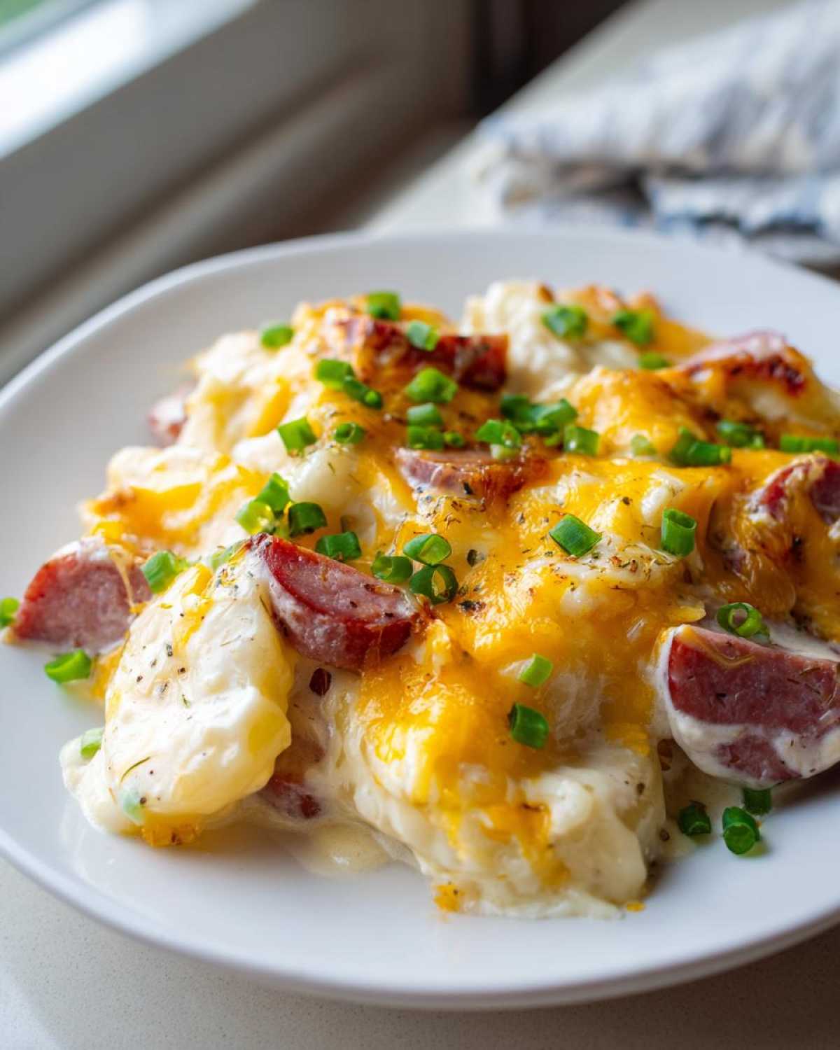 A serving of creamy pierogi casserole topped with melted cheddar cheese, sliced sausage, and fresh green onions.