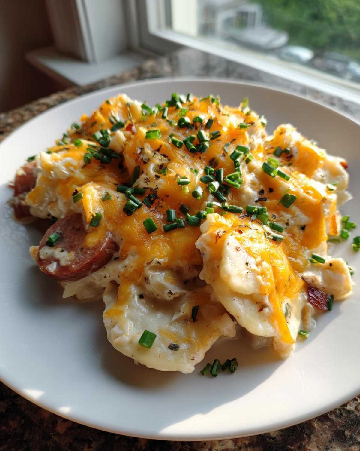 A serving of creamy pierogi casserole topped with melted cheddar cheese and fresh green chives.