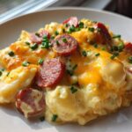 A close-up of a serving of pierogi casserole topped with melted cheddar cheese, sliced sausage, and fresh chives.