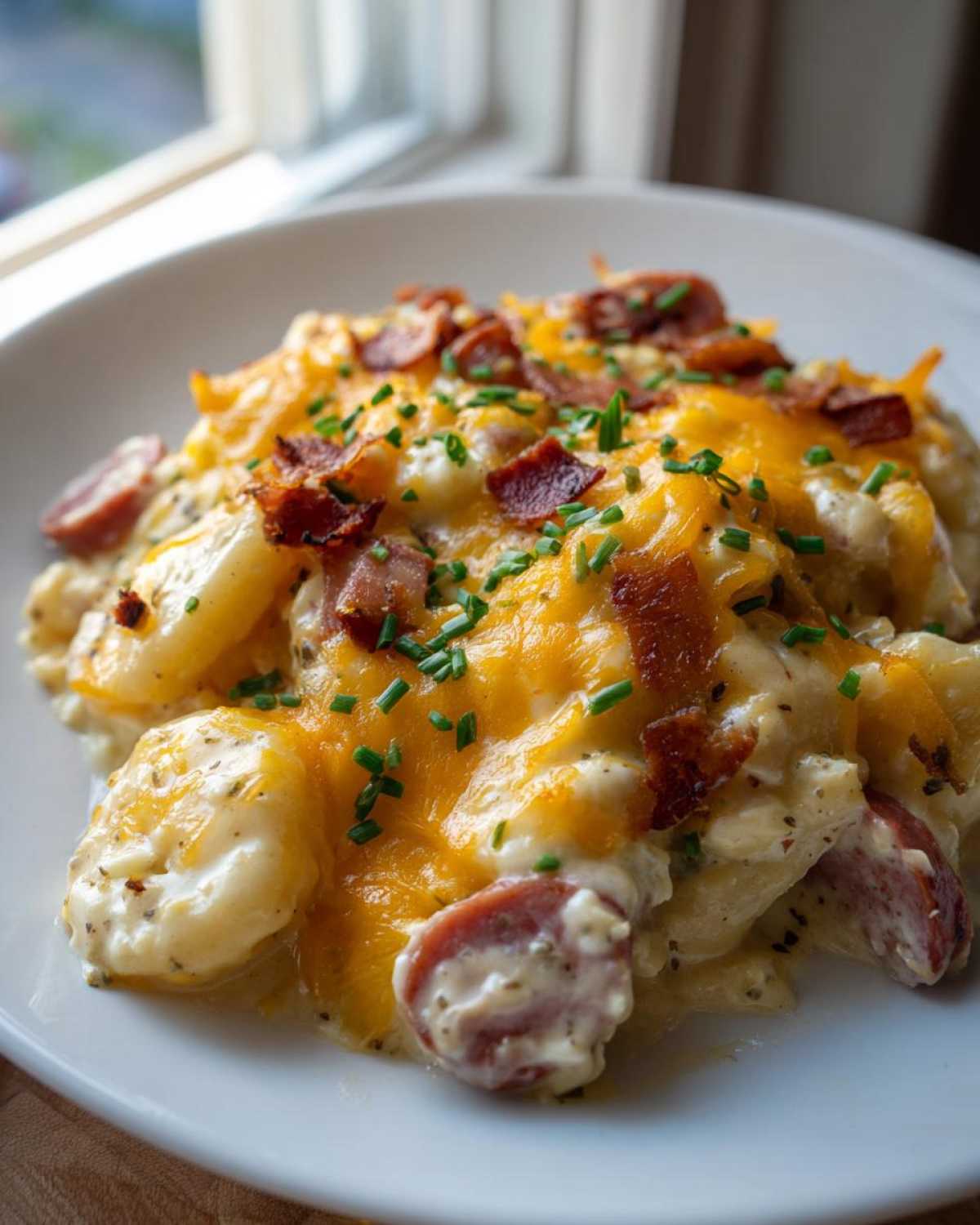A close-up of a serving of pierogi casserole topped with melted cheddar cheese, bacon bits, and chives.