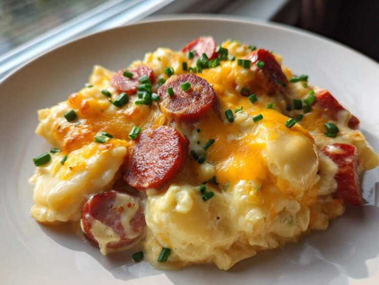 A close-up of a serving of pierogi casserole topped with melted cheddar cheese, sliced sausage, and fresh chives.