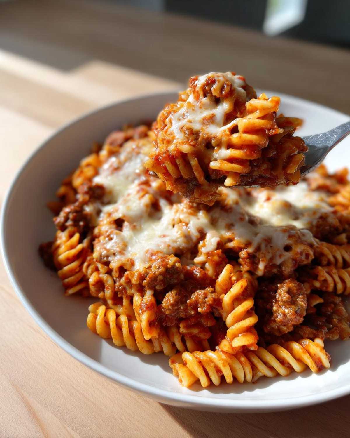 A fork lifts a bite of cheesy, saucy pizza pasta made with fusilli noodles from a white bowl.