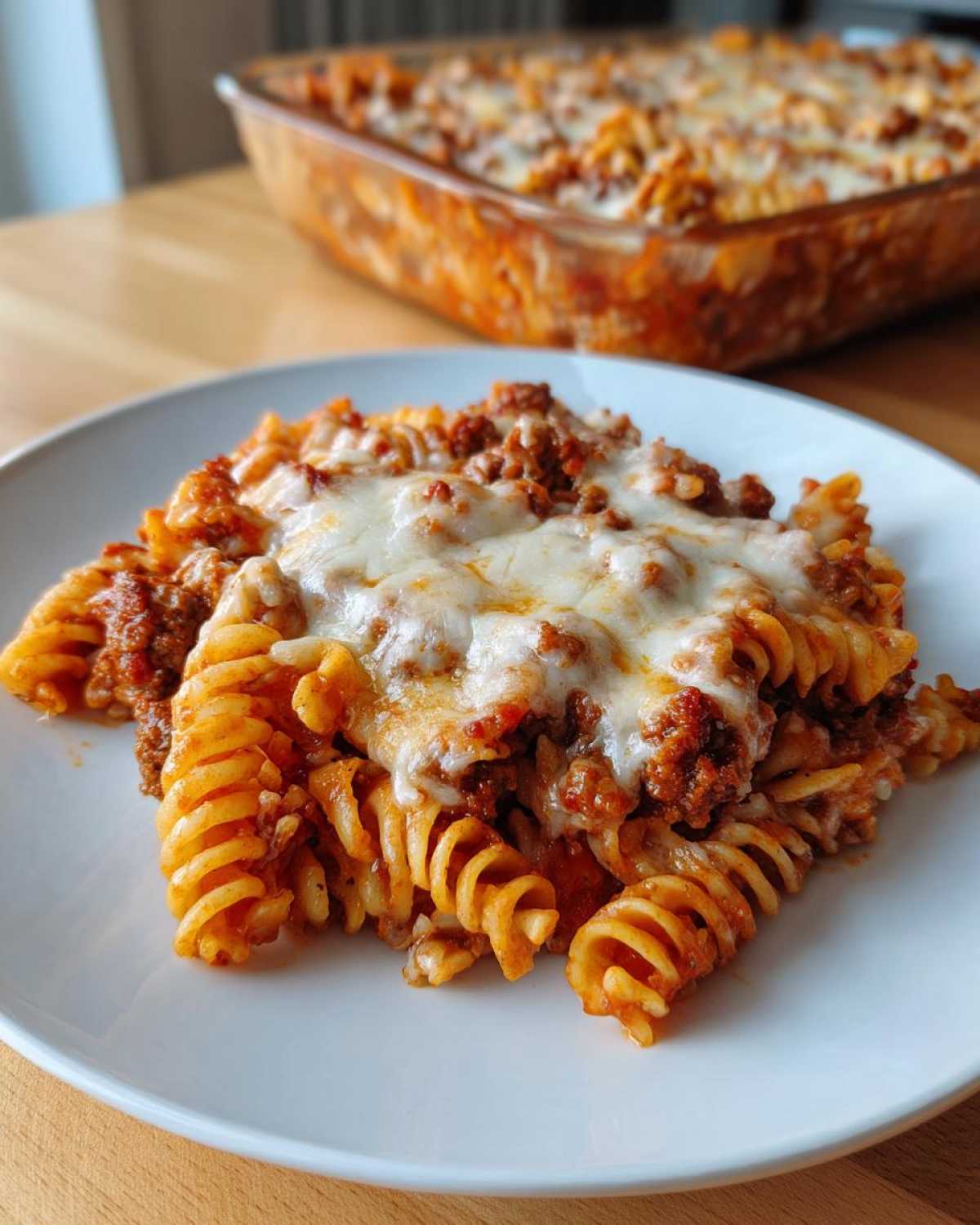 A serving of cheesy pizza pasta featuring rotini noodles, rich meat sauce, and melted mozzarella cheese.
