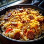 Close-up of cheesy sausage and rice cooked in a skillet, topped with melted cheddar cheese.