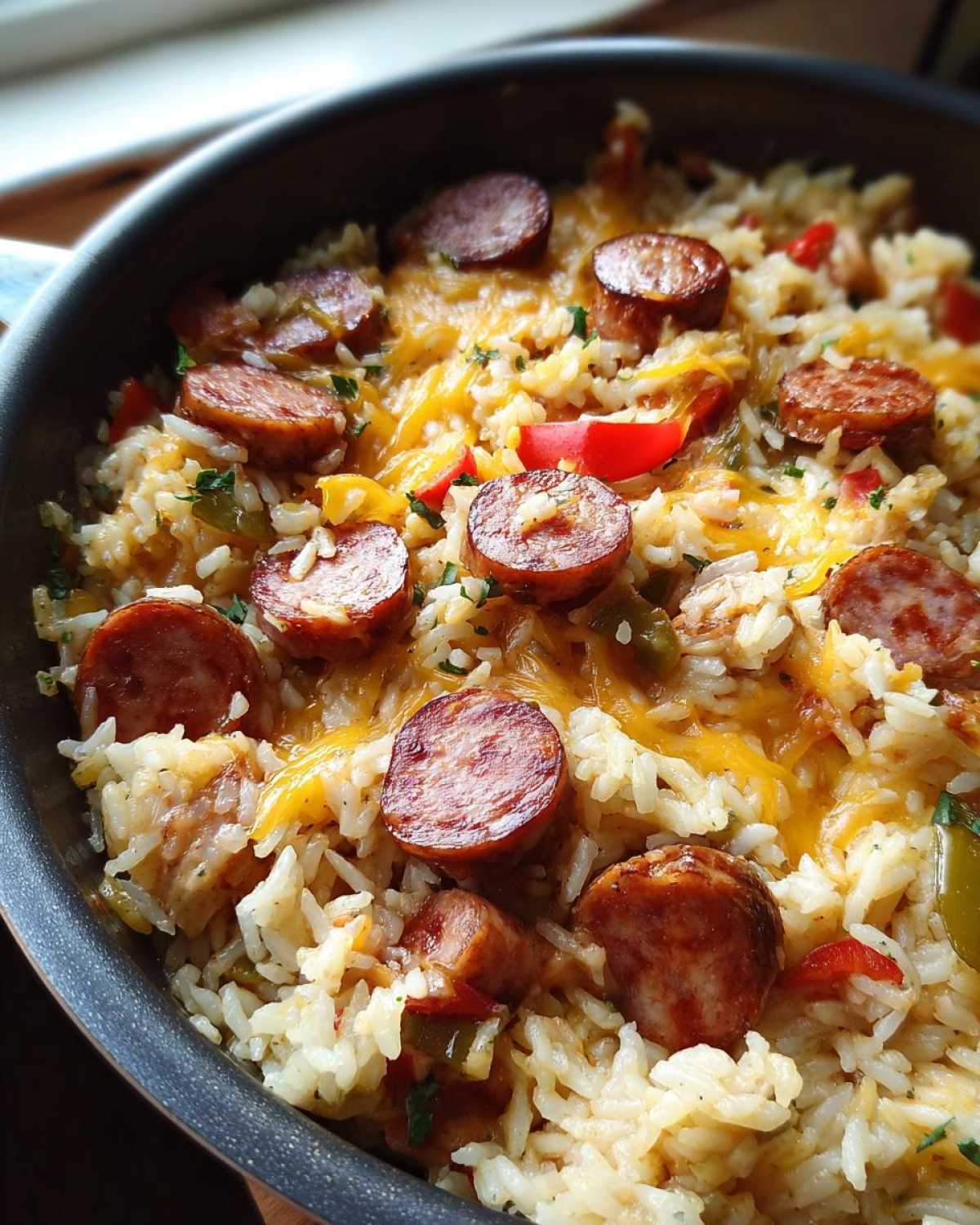 Close-up of cheesy sausage and rice cooked in a skillet, topped with melted cheddar cheese.