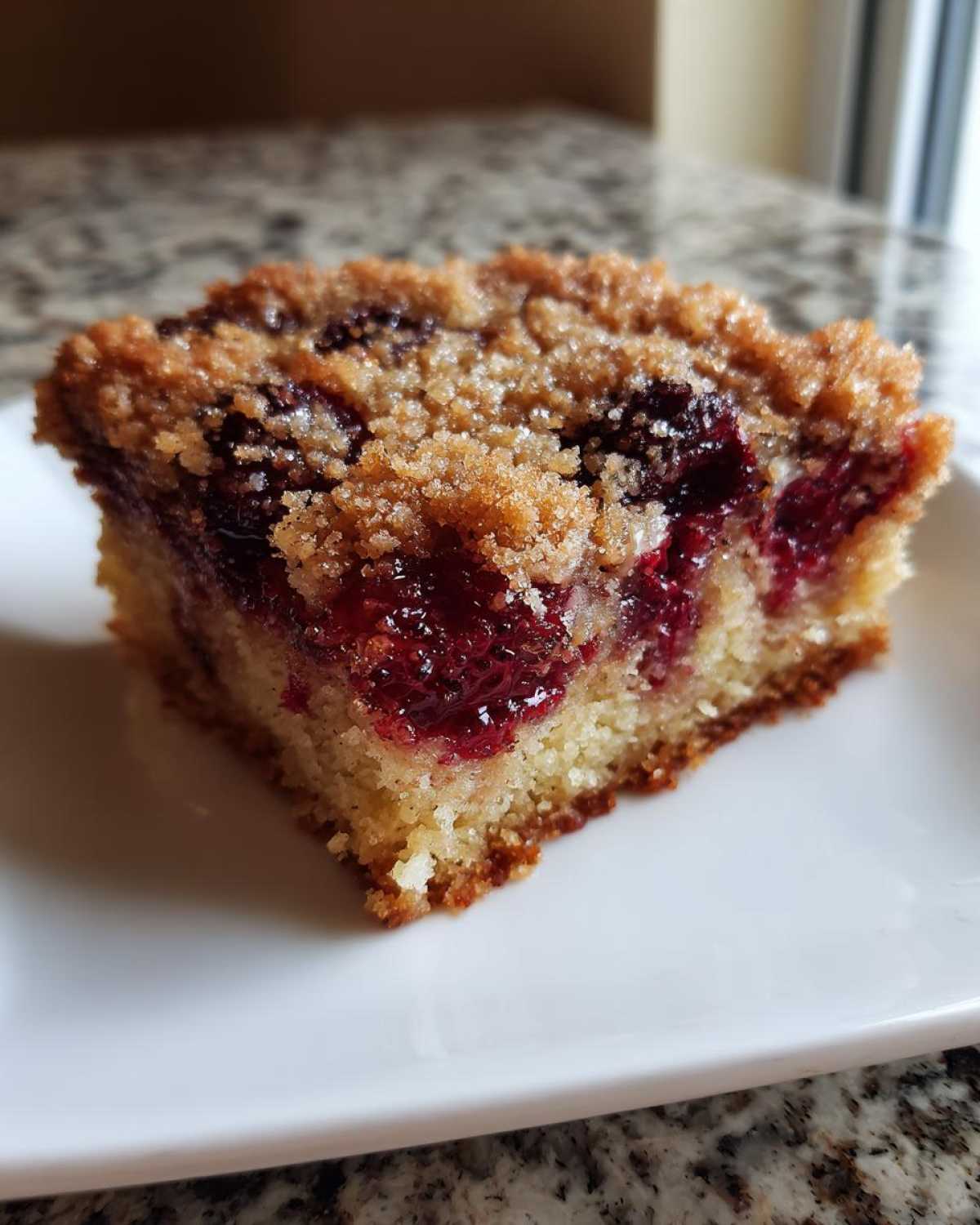 Close-up of a square slice of cherry dump cake showing the moist cake base, bright red cherry filling, and crumbly topping.