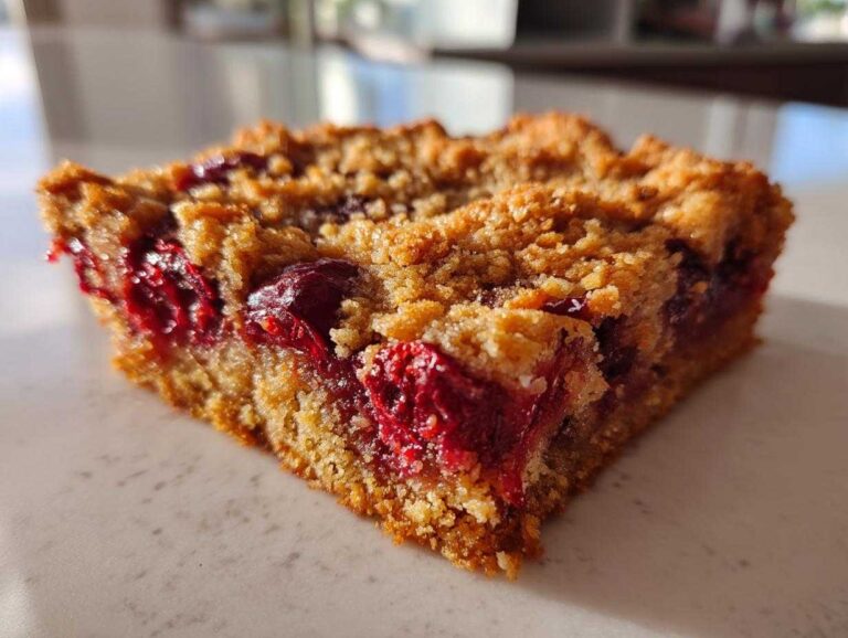 Close-up of a square slice of cherry dump cake showing the crumbly topping and bright red cherry filling.
