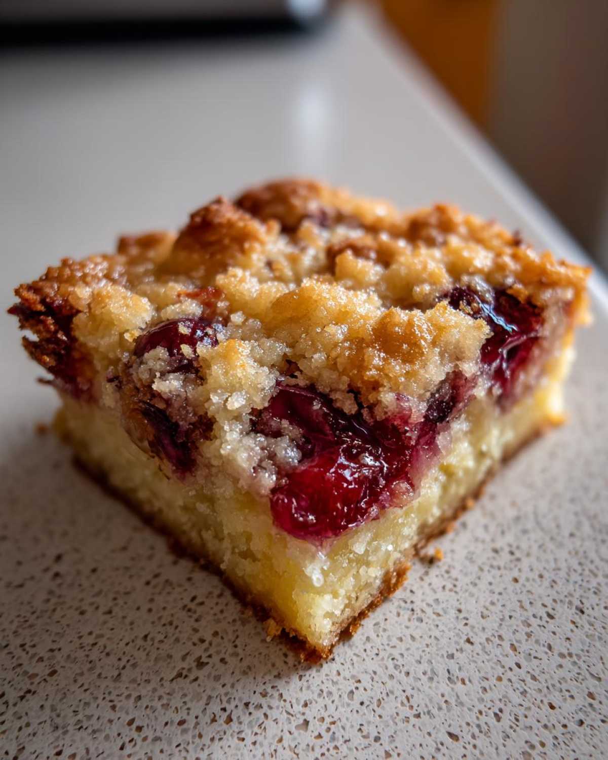 Close-up of a square slice of cherry dump cake showing a moist yellow base, bright red cherry filling, and a golden crumble topping.