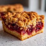 A close-up of a square slice of cherry dump cake showing a thick layer of bright red cherries topped with a golden, crumbly streusel.
