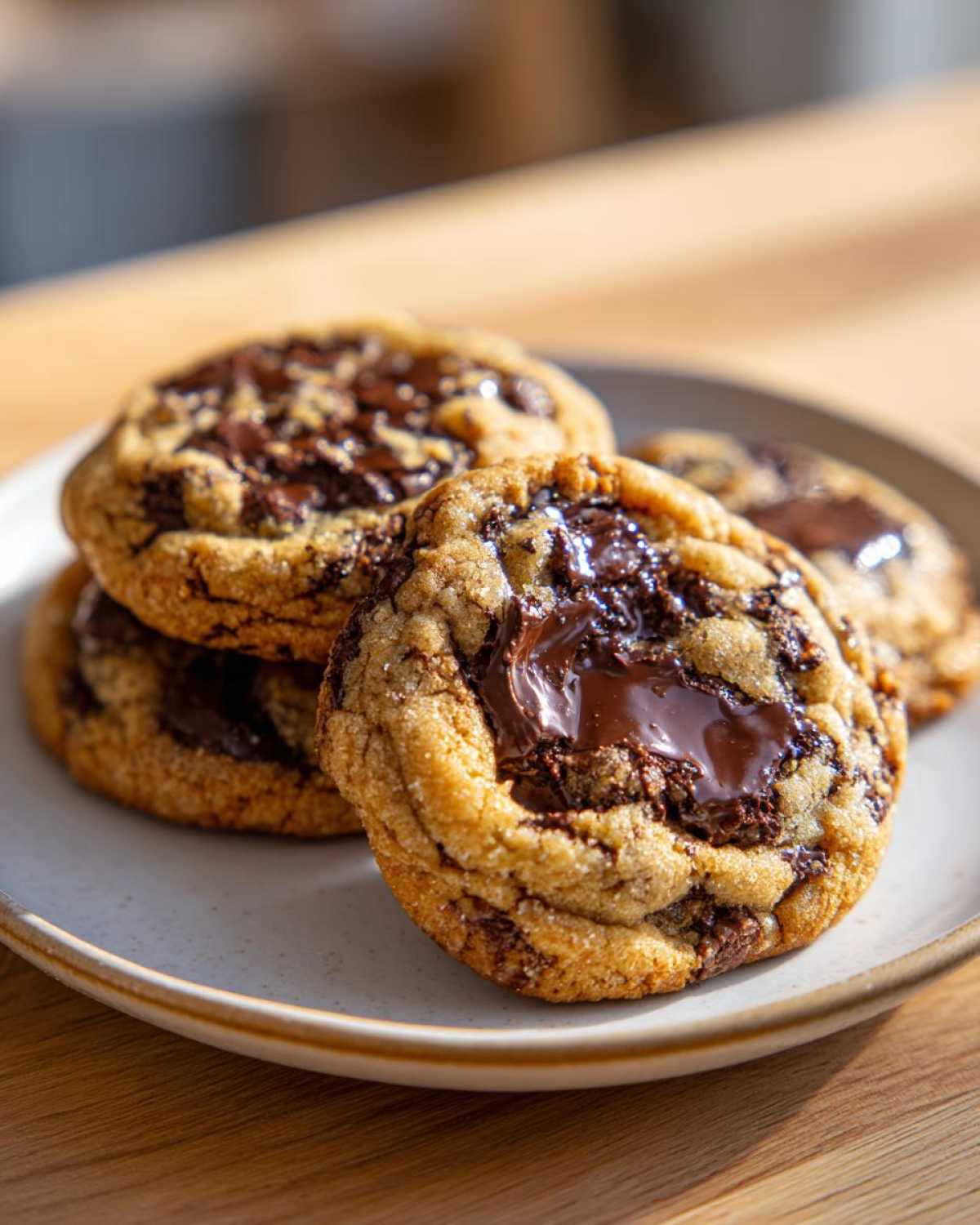 Close-up of several freshly baked chewy chocolate chip cookies stacked on a plate with gooey, melted chocolate centers.