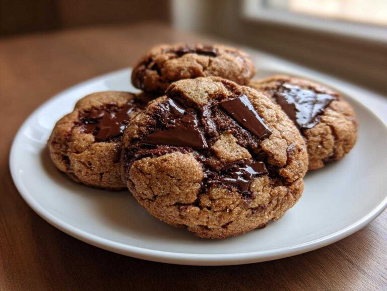 Close-up of four freshly baked chewy chocolate chip cookies with melted chocolate chunks on a white plate.