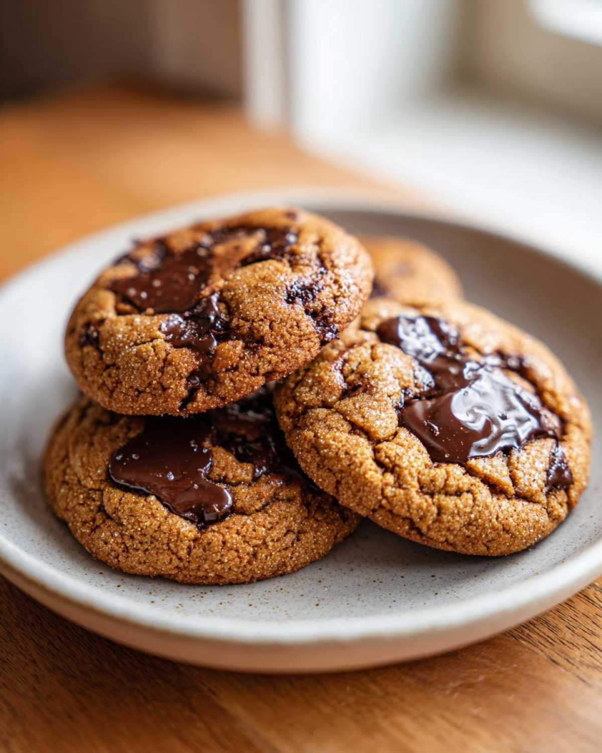 Close-up of several chewy chocolate chip cookies stacked on a speckled plate, featuring gooey melted chocolate.