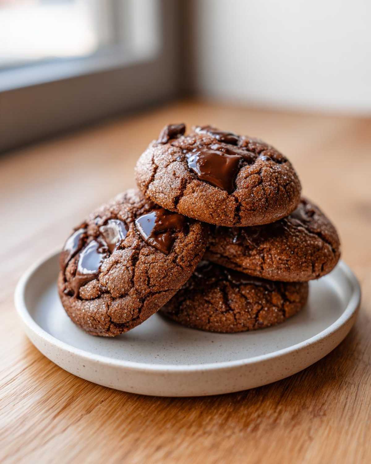 A stack of four rich, dark, chewy chocolate chip cookies topped with glossy melted chocolate chunks.