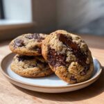 Three perfectly baked chewy chocolate chip cookies stacked on a small plate, featuring melted chocolate pools.