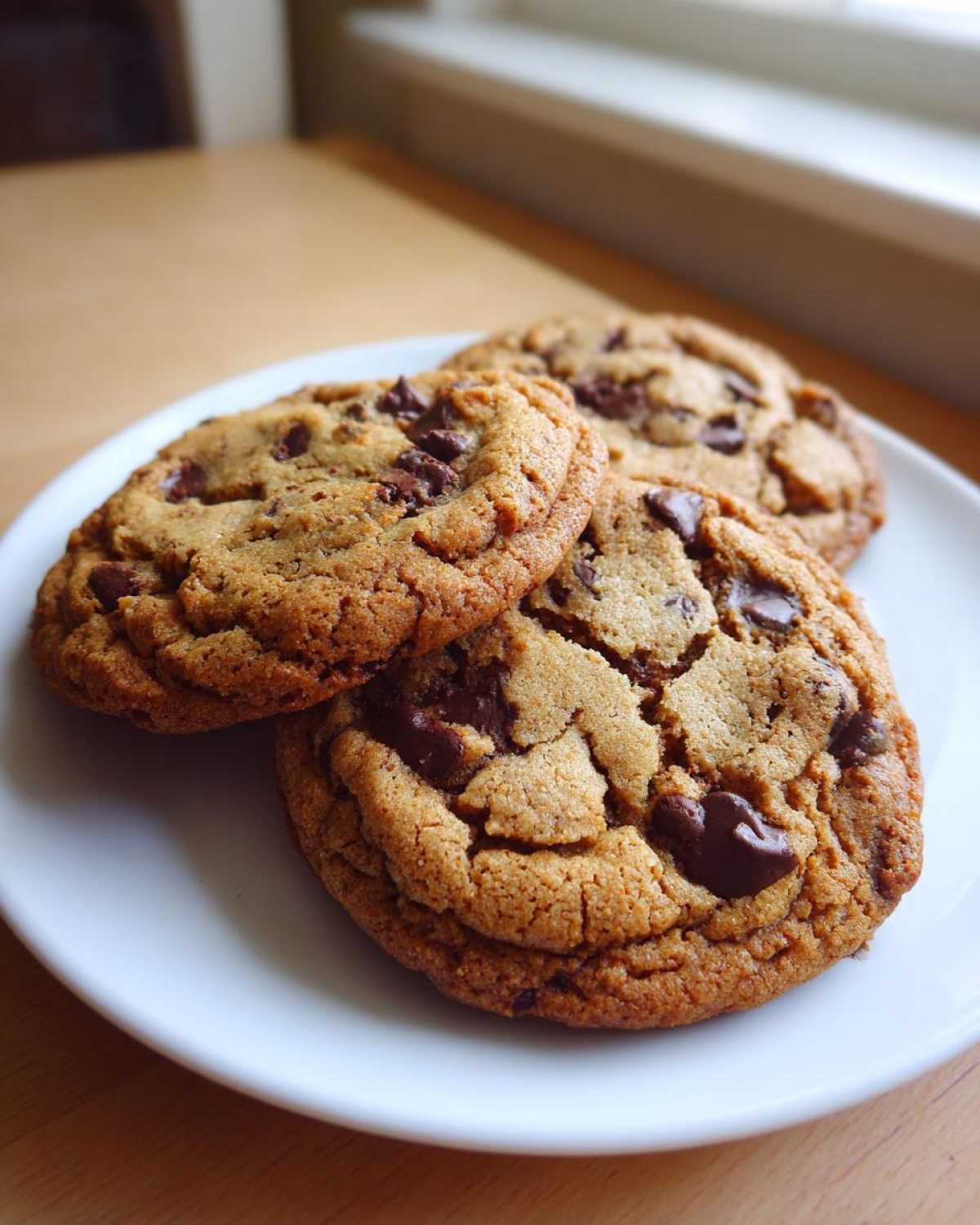 Three freshly baked vegan chocolate chip cookies stacked slightly on a white plate near a window.