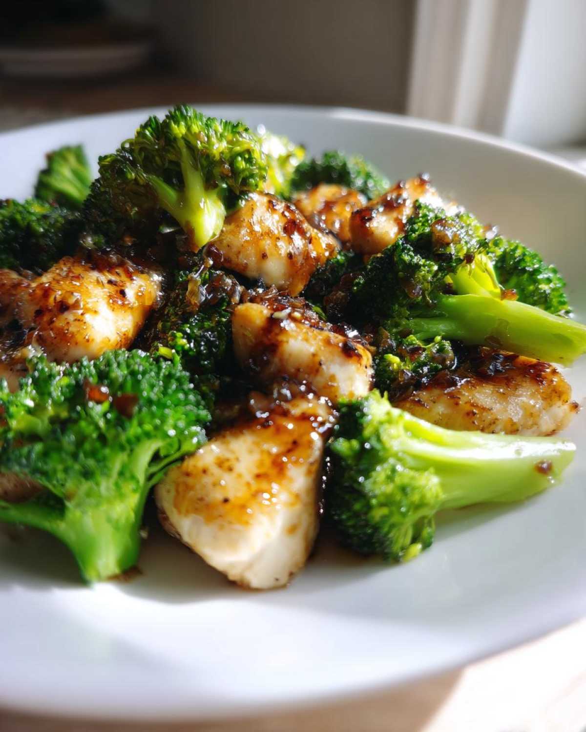 Close-up of tender pieces of chicken and bright green broccoli florets coated in a savory brown sauce, ready to eat chicken and broccoli.
