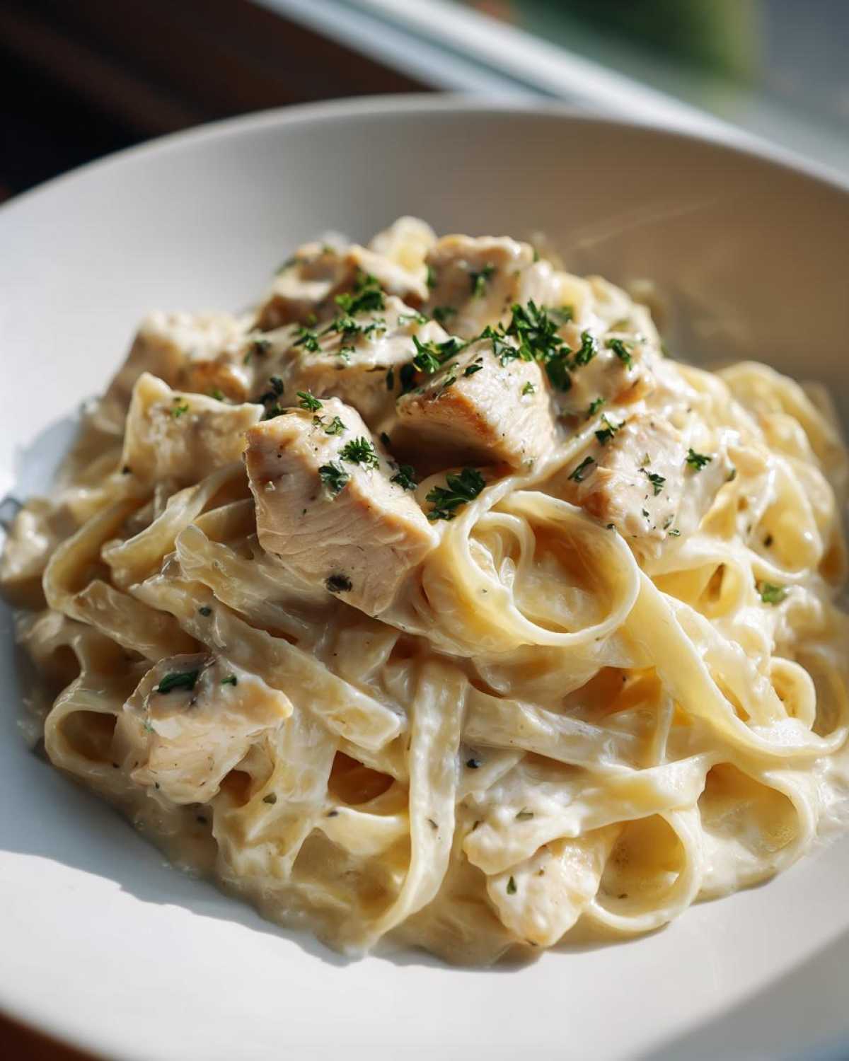 Close-up of rich chicken fettuccine alfredo pasta coated in creamy sauce and topped with parsley.