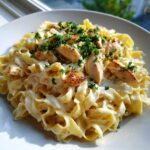 Close-up of creamy chicken fettuccine alfredo pasta topped with grilled chicken pieces and fresh parsley.